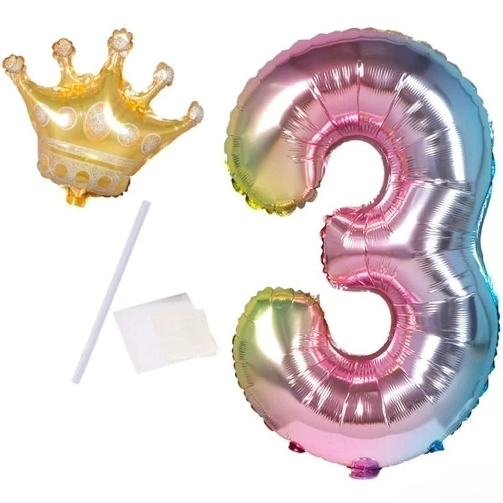40-Inch Rainbow Gradient Number 3 Crown Balloon Set, 3rd Birthday Balloons